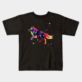 Geometric wolf jumping among the stars Kids T-Shirt